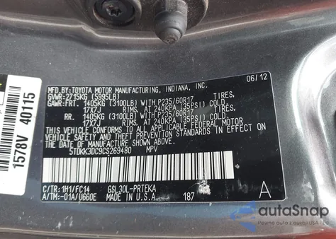 2012 Toyota Sienna Le V6 8 Passenger из США, поврежденный, VIN 5TDKK3DC9CS269480